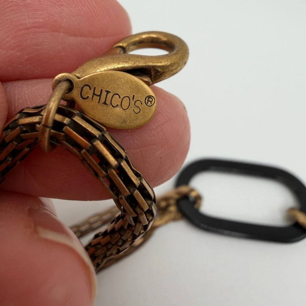 Chicos Womens Antique Gold Mesh and Black Seed Bead‎ Adjustable Chain Belt